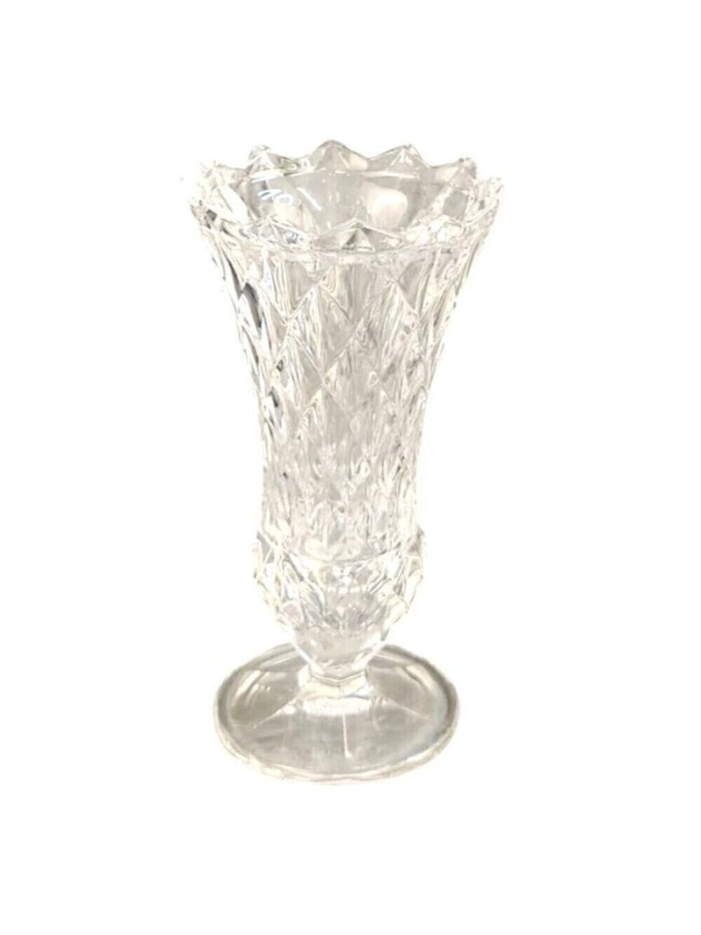 Pressed Glass  Vase Clear Diamond Cut Design Pedestal Base Decorative Vintage St